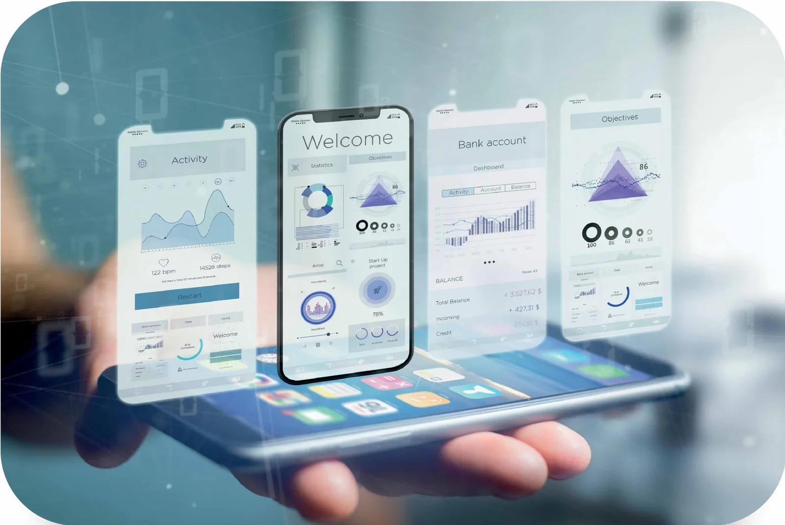 A hand holding a phone with app screens floating above it