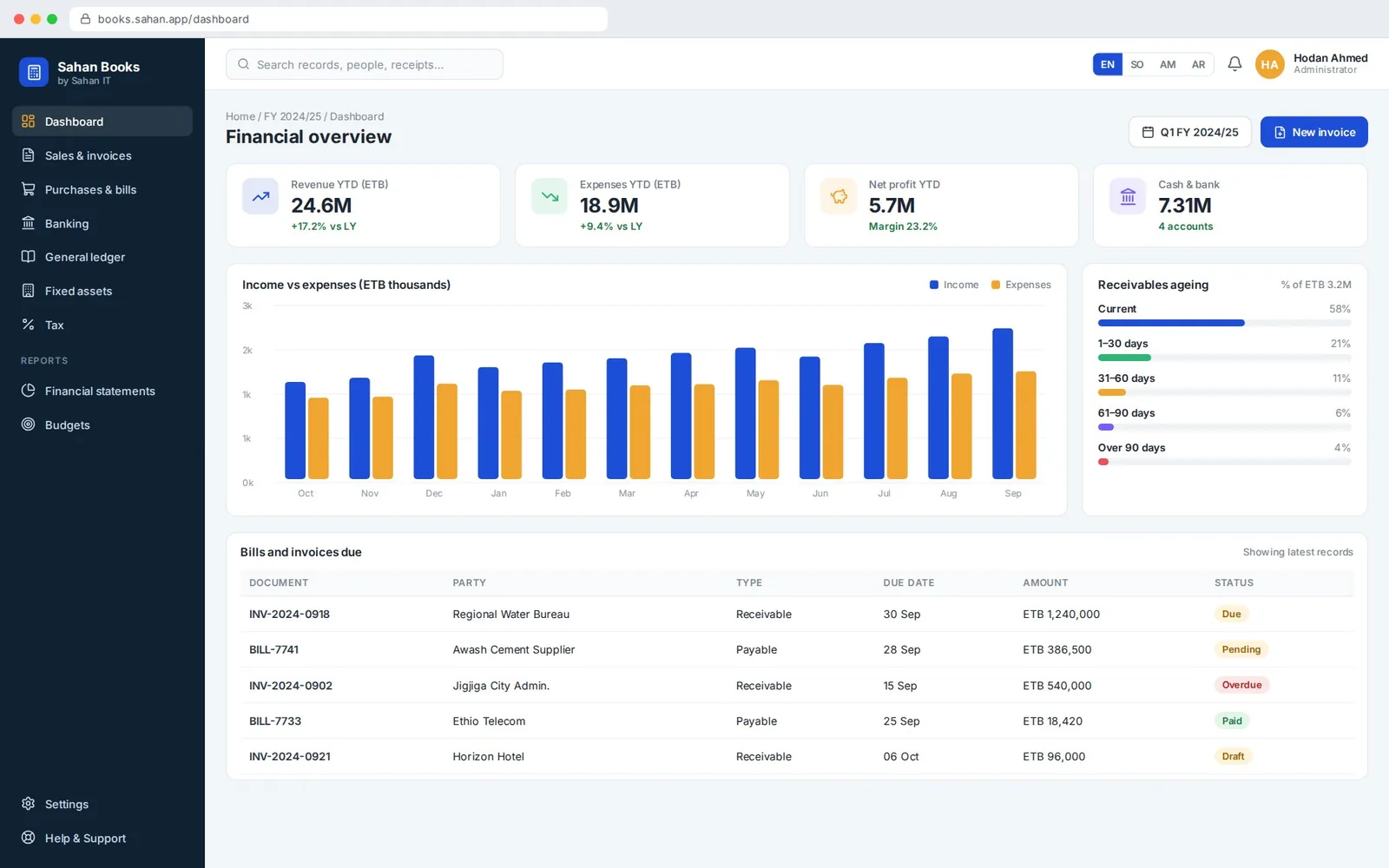 Accounting System: Financial overview (sample screen with illustrative data)
