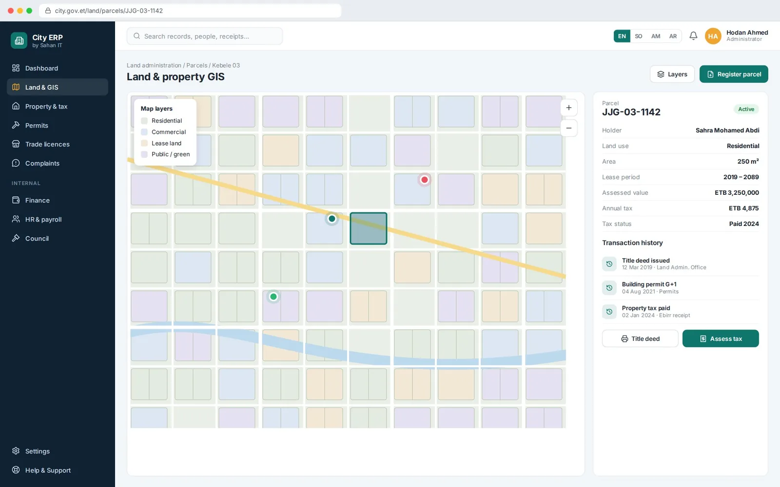 Land & property GIS — City Management System. Every parcel linked to its holder, permits and tax history. Sample screen with illustrative data.