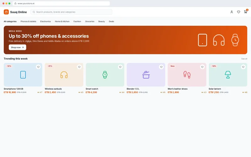 Customer storefront — E-Commerce Complete System. Sample screen with illustrative data.