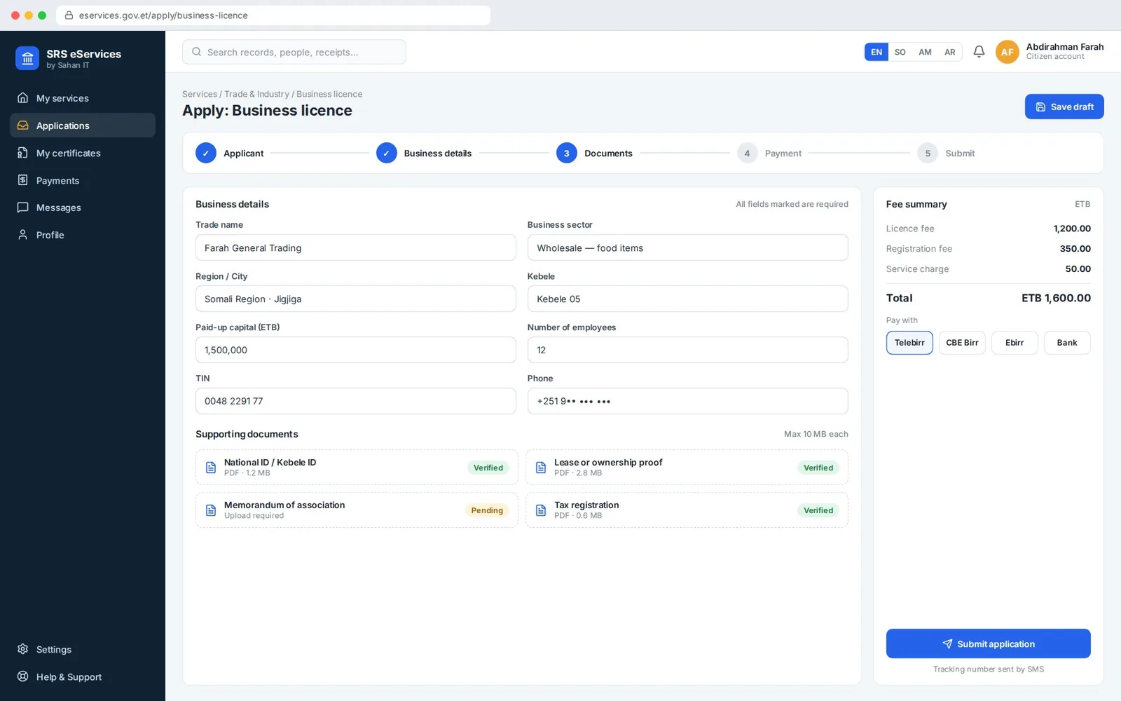Government Applications: Citizen application wizard (sample screen with illustrative data)