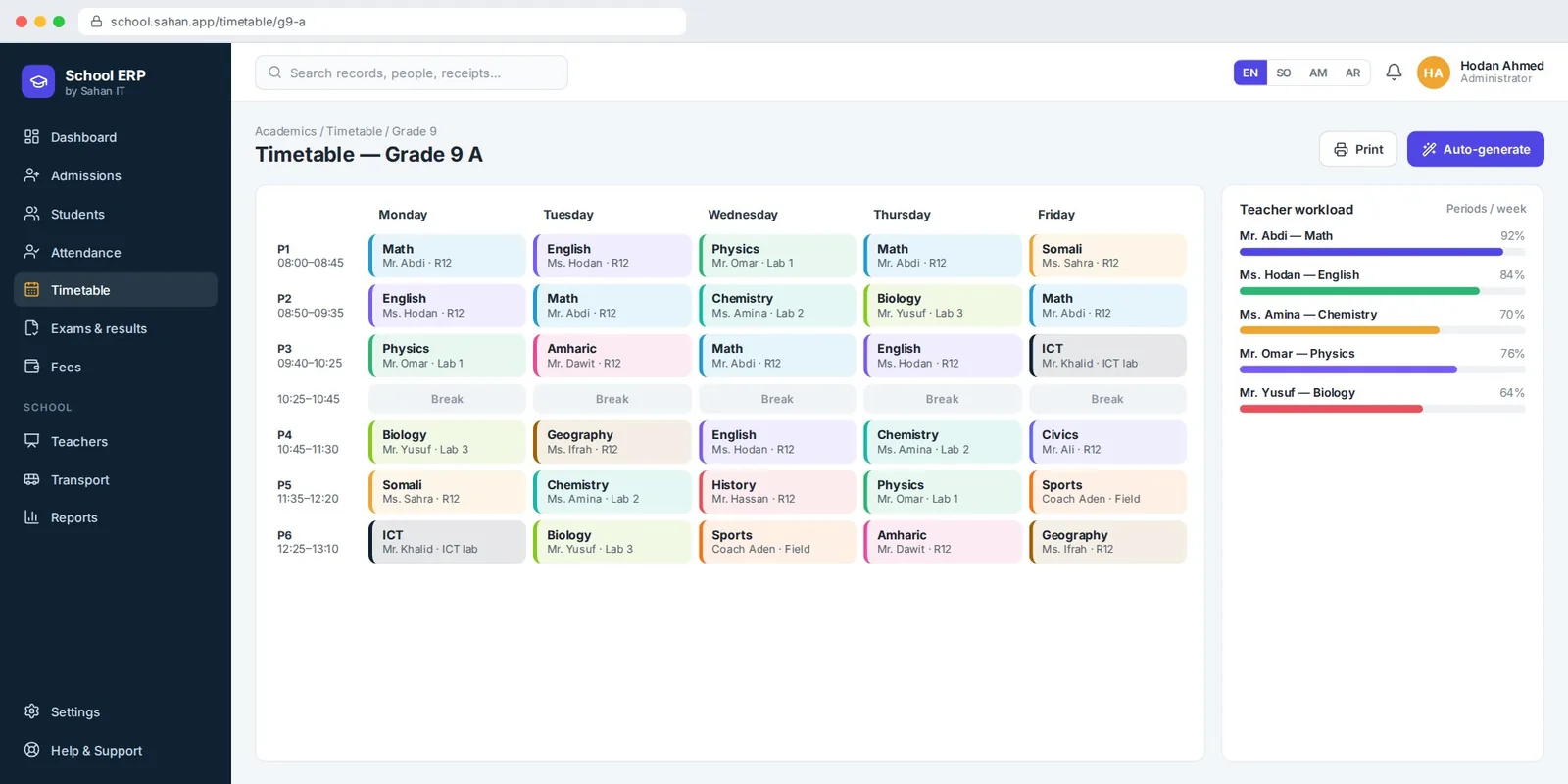 School Management System: Timetable builder (sample screen with illustrative data)