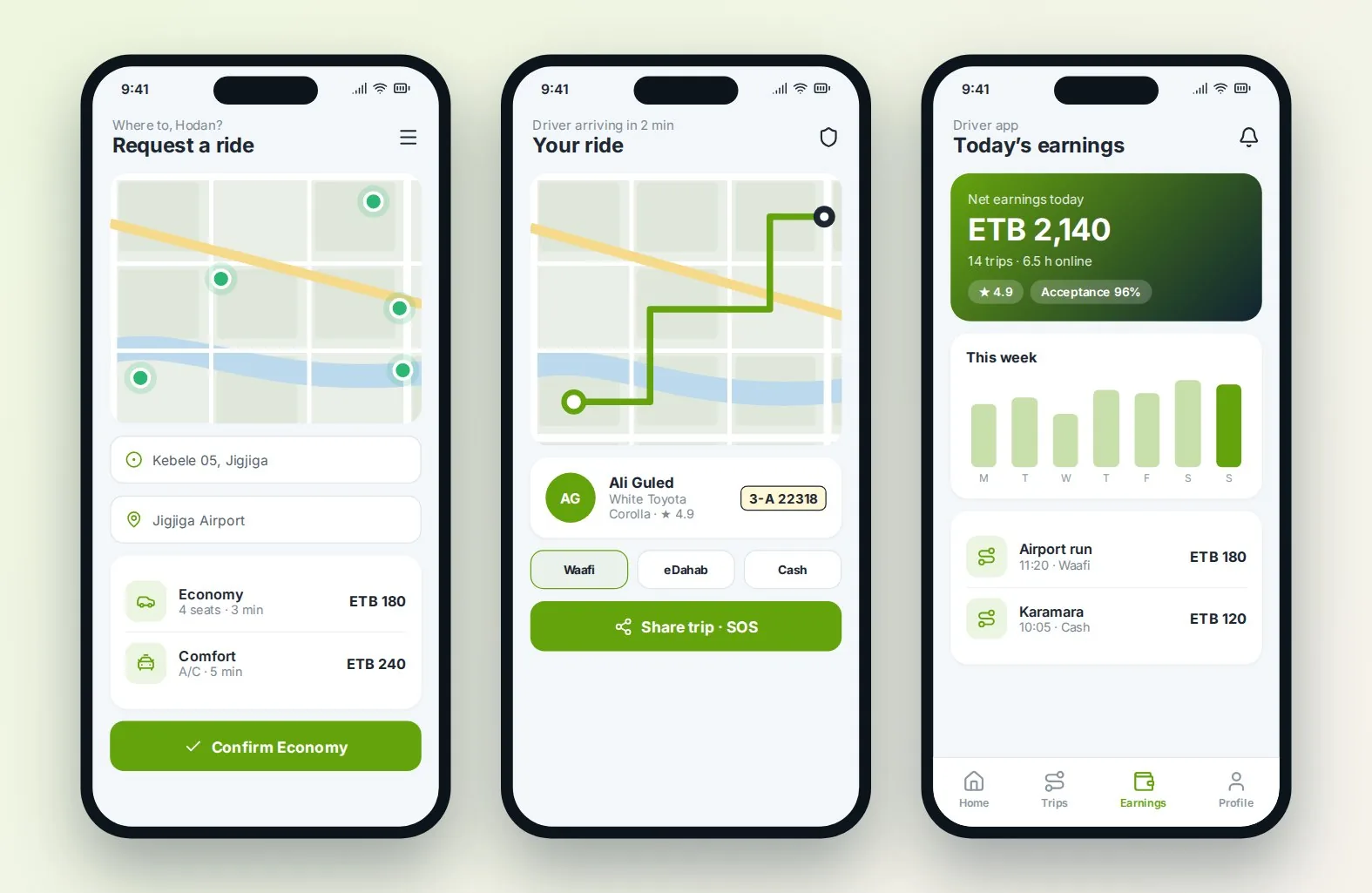 Taxi Ride-Hailing Platform: Rider and driver apps (sample screen with illustrative data)