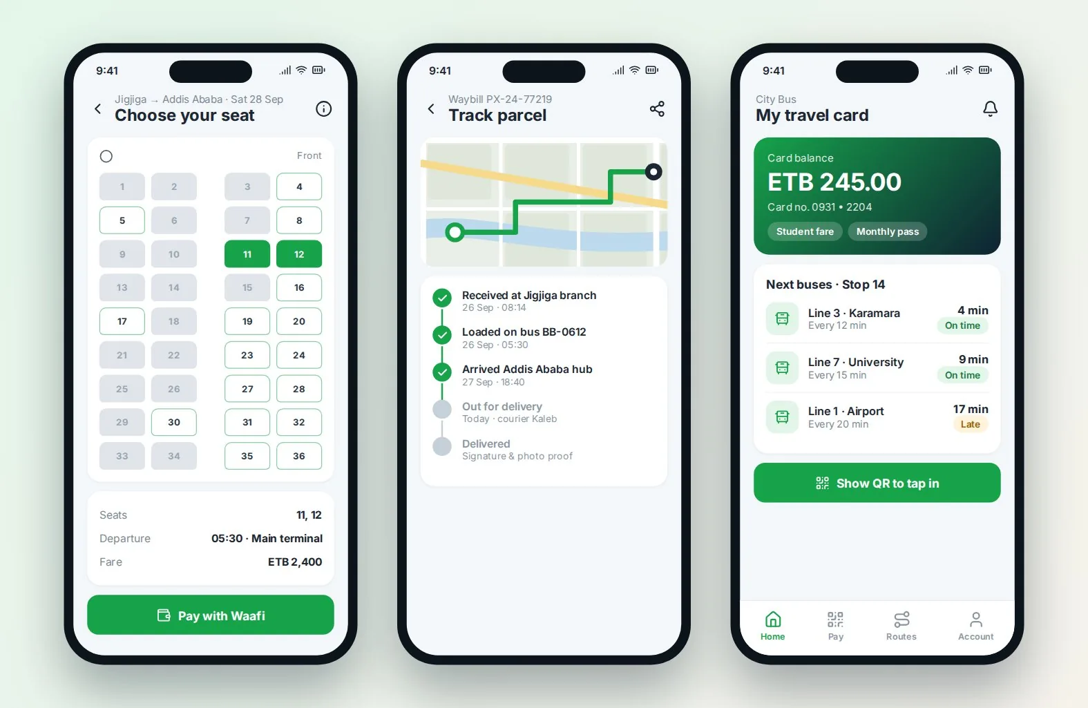 Transport ERP System: Passenger apps (sample screen with illustrative data)