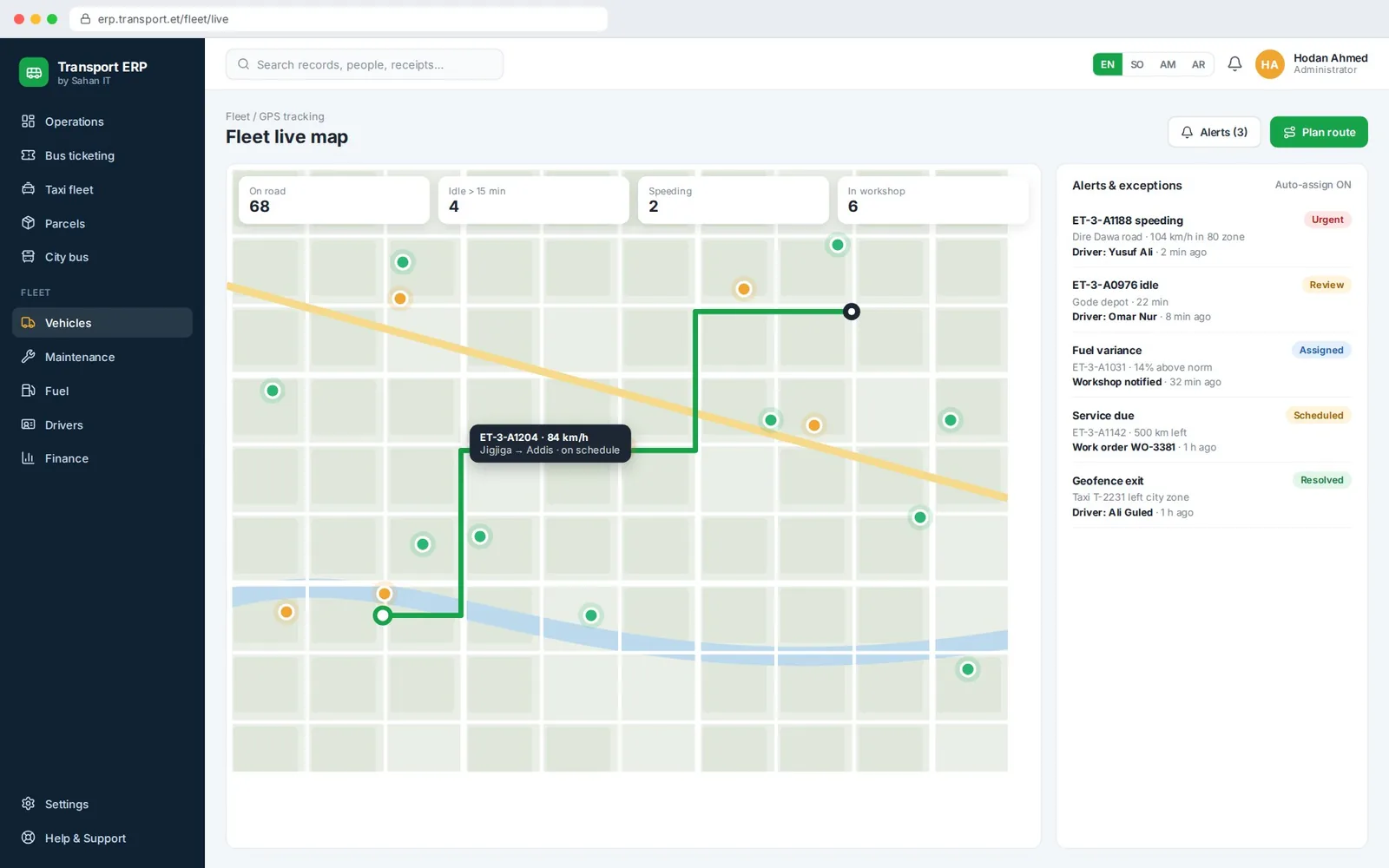 Transport ERP System: Fleet live map (sample screen with illustrative data)