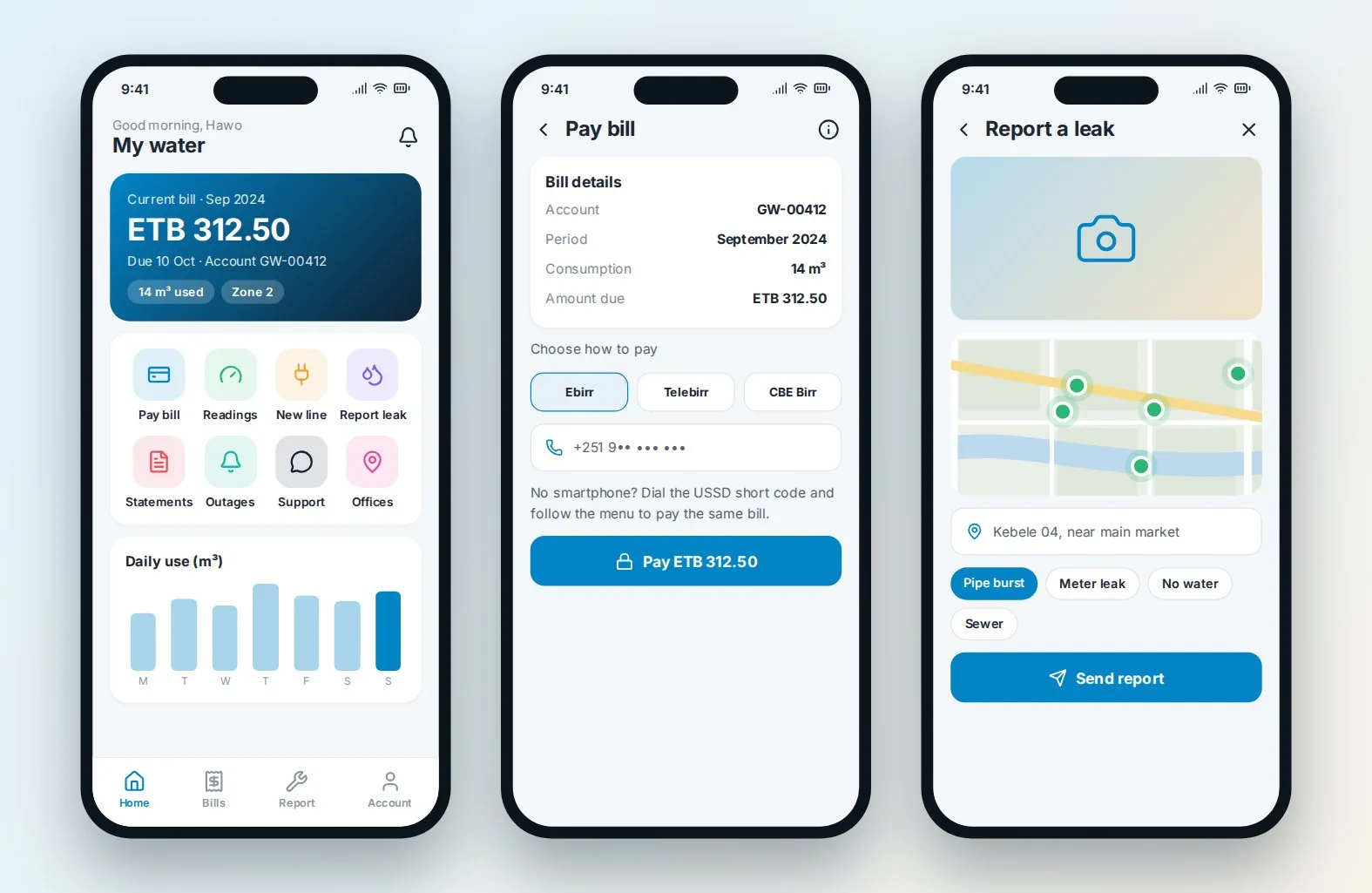 Customer app — Water Management System. See the bill, pay with a mobile wallet and report leaks with a photo. Sample screen with illustrative data.